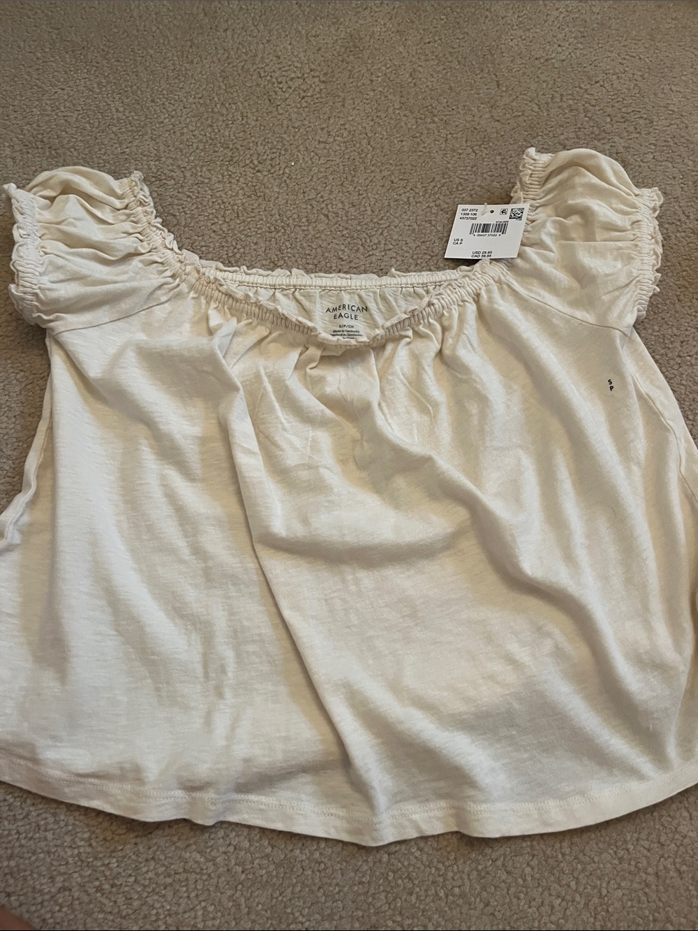 American Eagle Outfitters Cream Off-Shoulder Smocked Sleeve Top